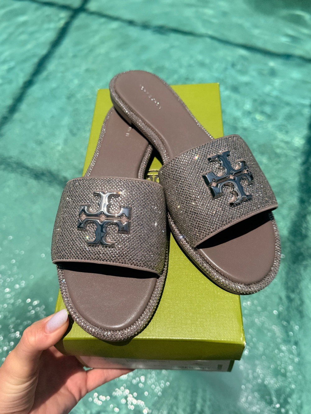 Tory Burch Everly Slide Dark Clay Crystal Silver in Size 10